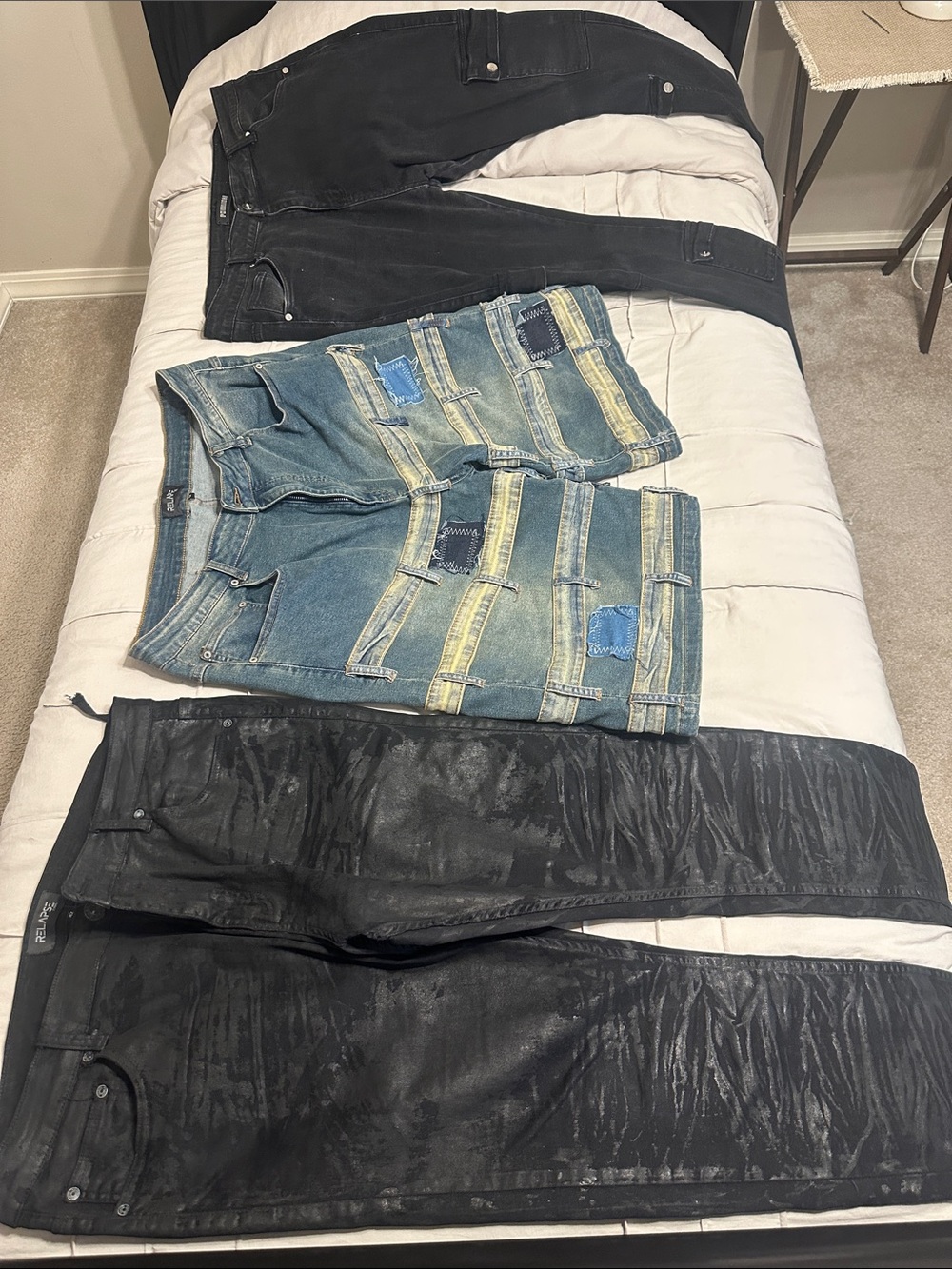 Men's Black Coated Skinny Jeans - Sleek Everyday Style. 2 pants and 1 short.